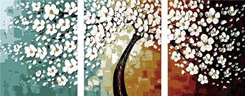 YEESAM ART Neuerscheinungen Malen nach Zahlen 3 teilig Bilder für Erwachsene - Weiß Blumen Baum 16x20 Zoll Leinen Segeltuch - DIY ölgemälde ölfarben Weihnachten Geschenke (Ohne Frame) von YEESAM ART