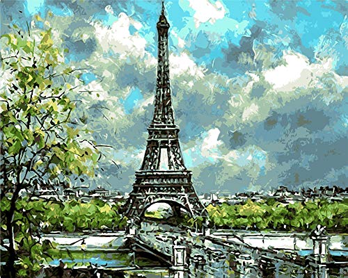 YEESAM ART Neuerscheinungen Malen nach Zahlen für Erwachsene Kinder - Paris Eiffelturm Grüne Blätter 16 * 20 Zoll Leinen Segeltuch - DIY ölgemälde ölfarben Weihnachten Geschenke (Ohne Frame) von YEESAM ART