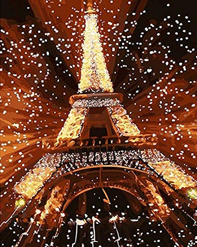 YEESAM ART Neuheiten Malen nach Zahlen Erwachsene Kinder, Frankreich Paris Eiffelturm, Romantische Nachtszene 40x50 cm Leinen Segeltuch, DIY ölgemälde Weihnachten Geschenke von YEESAM ART