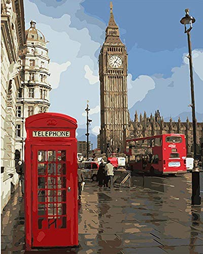 YEESAM ART Neuheiten Malen nach Zahlen Erwachsene Kinder, London Big Ben, Rote Telefonzelle, Vereinigtes Königreich Straßenansicht 40x50 cm Leinen Segeltuch, DIY ölgemälde Weihnachten Geschenke von YEESAM ART