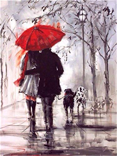 YEESAM ART Neuheiten Malen nach Zahlen Erwachsene Kinder, Romantisch Regnerischer Tag Paar Roter Regenschirm Hunde 40x50 cm Leinen Segeltuch, DIY ölgemälde Weihnachten Geschenke (Paar, Ohne Frame) von YEESAM ART