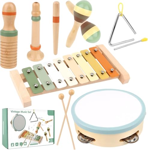 Musikinstrumente für Kinder, Babys-Musikspielzeug, 6 in 1 Montessori Spielzeug Percussion Instrumente Holz mit Trommel Kinder, Xylophon, Musik Lernspielzeug Geschenk für Baby Mädchen Junge von YEITBY