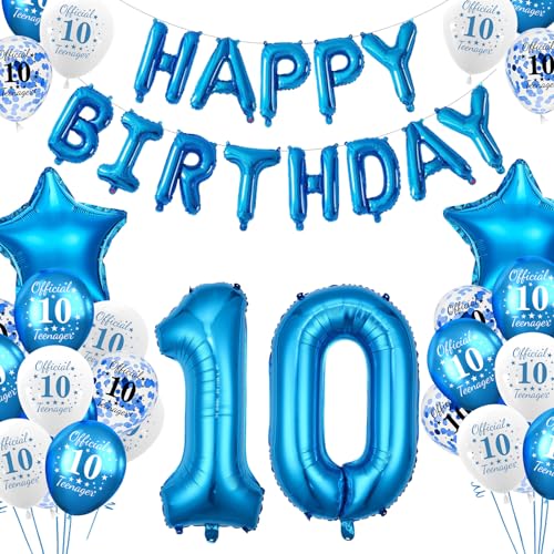 10 Geburtstagsdeko Luftballons Blau, Geburtstag 10 Jahre Balloon Junge Mädchen, Happy Birthday Girlande Banner Folienballon Party Deko Geburtstag, 10 Geburtstag Balloons für Party Deko von YEJIKJ