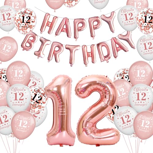 12 Geburtstagsdeko Luftballons Rosegold, Geburtstag 12 Jahre Balloon Junge Mädchen, Happy Birthday Girlande Banner Folienballon Party Deko Geburtstag, 12 Geburtstag Balloons für Party Deko von YEJIKJ