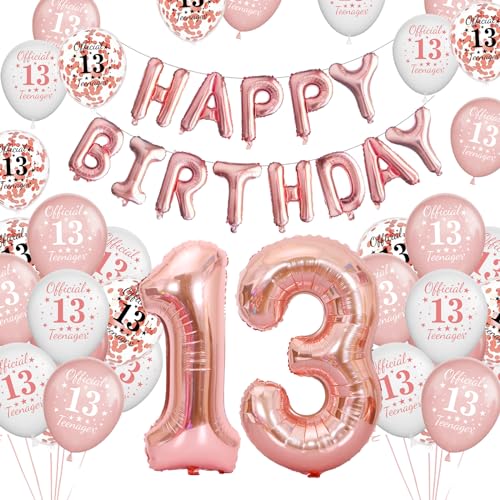 13 Geburtstagsdeko Luftballons Rosegold, Geburtstag 13 Jahre Balloon Junge Mädchen, Happy Birthday Girlande Banner Folienballon Party Deko Geburtstag, 13 Geburtstag Balloons für Party Deko von YEJIKJ