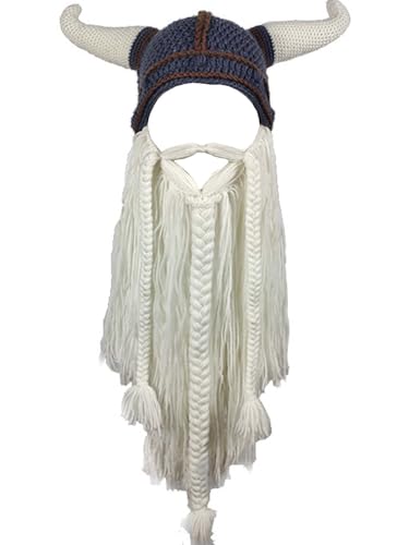 YEKEYI Big Horn Wikingermütze Beanie Bart Wikinger Strickmütze Barbar Lustige Skimütze Lustige Halloween Mütze Weihnachtsmütze (Weiß) von YEKEYI