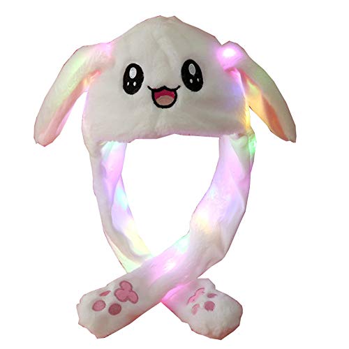 YEKEYI LED Leuchtende Ohren beweglich Springender Kaninchenhut Tierhut Pop Up Ohren Plüsch Bunny Hut Kappe für Frauen Mädchen, LED weiß, One size von YEKEYI
