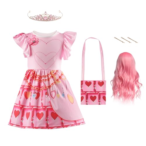 YELKOEYN Rotes Prinzessinnenkleid, Halloween-Kostüm, für Mädchen, rotes Outfit mit rosa Perücken, Tasche und Königin-Krone, Halloween-Kostüme, Kinderprinzessin-Kleidung, Karnevals-Outfits (140) von YELKOEYN