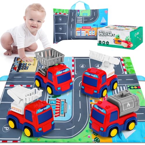 Spielzeugautos für Kleinkinder 1 2 3 Jahre - 4 Pack Spielzeug Auto Set Push & Go Friction Powered Fire Truck Rescue Vehicle mit Spielmatte Baufahrzeuge Geschenk für Kleinkind Jungen Baby Geschenk Spielzeugautos für Kleinkinder 1 2 3 Jahre - 4 Pack Spielzeug Auto Set Push & Go Friction Powered Fire Truck Rescue Vehicle mit Spielmatte Baufahrzeuge Geschenk für Kleinkind Jungen Baby Geschenk von YELUFT