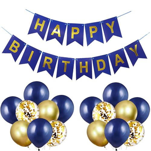 Luftballons Geburtstag Dekoration Set, Marineblau Gold Geburtstagsdeko Happy Birthday deko Banner Set mit Marineblau Gold Happy Birthday Luftballons Konfetti Ballons（NB+GD） von YELYAN