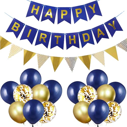 Luftballons Geburtstag Dekoration Set, Marineblau Gold Geburtstagsdeko Happy Birthday deko Banner Set mit Marineblau Gold Luftballons Konfetti Ballons Dreiecksflaggen Girlanden（NB+GD+SJQ） von YELYAN