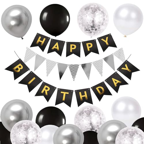 Luftballons Geburtstag Dekoration Set, Schwarz Silber Geburtstagsdeko Happy Birthday deko Banner Party Deko Geburtstag Set mit Luftballons Konfetti Ballons Dreiecksflaggen Girlanden(BK+SR+PT) von YELYAN