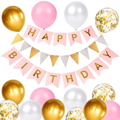 Luftballons Geburtstag Dekoration Set, rosa Gold Geburtstagsdeko Happy Birthday deko Banner Party Deko Geburtstag Set mit Luftballons Konfetti Ballons Dreiecksflaggen Girlanden（rosa+Gd+PT) von YELYAN