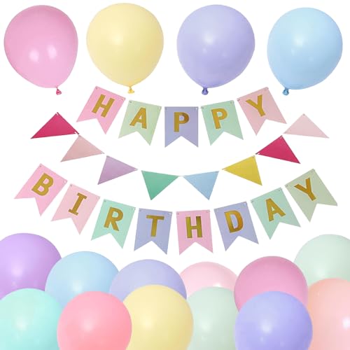 Macaron Luftballons Geburtstag Dekoration Set, Macaron Farbe Geburtstagsdeko Happy Birthday deko Banner Party Deko Geburtstag Set mit Macaron Luftballons Dreiecksflaggen Girlanden（MKL+SJQ） von YELYAN