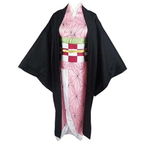 Japanisches Kimono Set mit schwarzem Haori, Pinkes geometrisches Muster - Polyester Cosplay Kostüm (Rosa,S) von YEOSEA