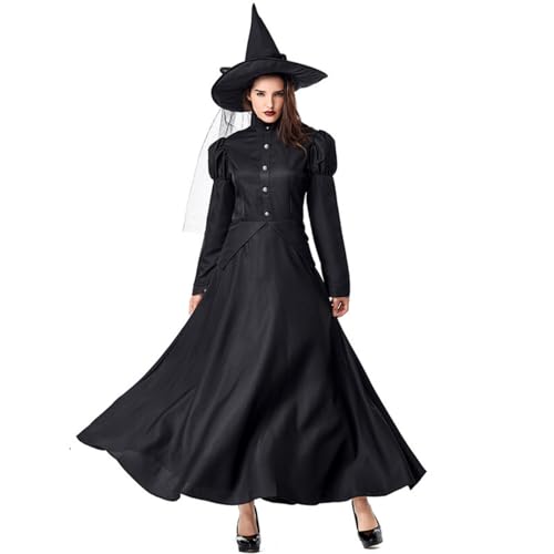 YEOSEA Damen Hexenkleid Mit Schaulstoffärmeln, Schwarzes Lange Abendkleid Aus Dehnbarem Stoff, Für Halloween Und Bühnenauftritte (Erwachsene,l) von YEOSEA