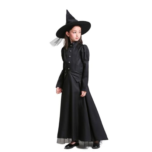 YEOSEA Damen Hexenkleid Mit Schaulstoffärmeln, Schwarzes Lange Abendkleid Aus Dehnbarem Stoff, Für Halloween Und Bühnenauftritte (Kind,x l) von YEOSEA