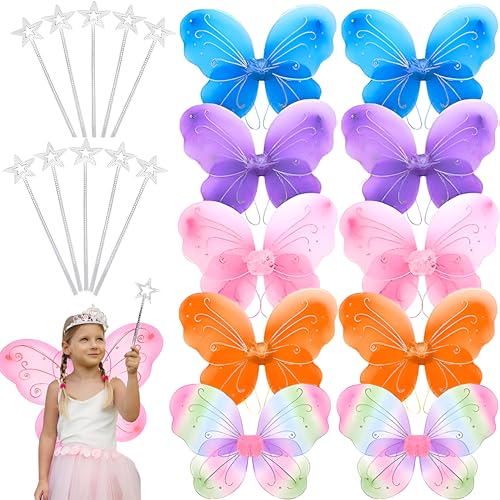 YEOVIBL 10 Stück Feen-Schmetterlingsflügel für Mädchen und 10 Stück Weiße Stern Zauberstäbe, Glitzer Feen Kostüm Zubehör für Geburtstagsparty Mottoparty Geschenke (5 Farben) von YEOVIBL