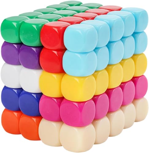 YEOVIBL 100 Stück Blanko Würfel, 16MM DIY Würfeln, Gemischte Farben, Sechsseitige Würfel für Brettspiele, Mathematik, Unterricht, DIY Aufkleber, Klassenzimmer und Kreativprojekte (10 Farben) von YEOVIBL