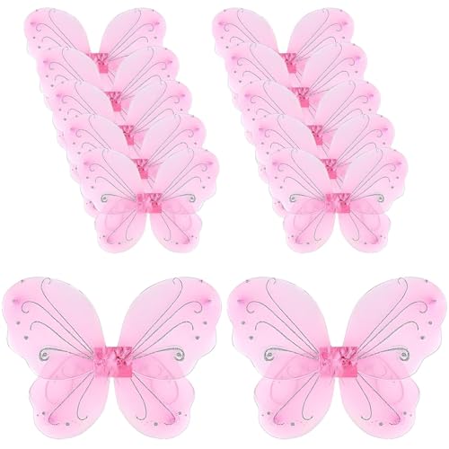 YEOVIBL 12 Stück Feenflügel Schmetterlingsflügel für Mädchen, Glitzer Prinzessin Flügel für Kinder, Verkleidung Zubehör für Weihnachten, Geburtstag, Halloween, Cosplay und Partykostüme (Rosa) von YEOVIBL