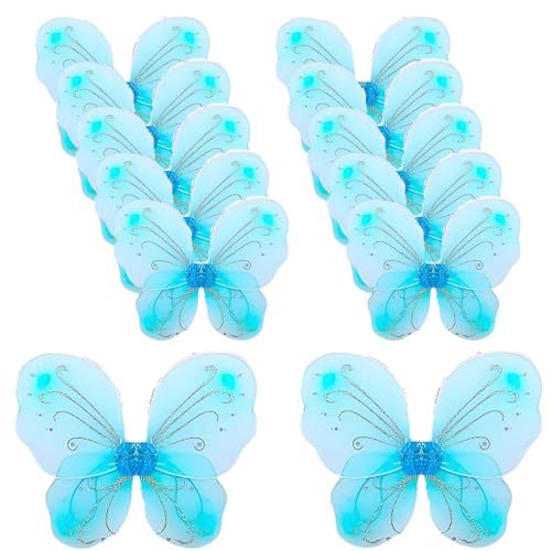 YEOVIBL 12 Stück Feenflügel Schmetterlingsflügel für Mädchen, Glitzer-Prinzessinnenflügel für Kinder, Kostümzubehör für Weihnachten, Geburtstag, Halloween, Cosplay und Party-Kostüme (blau) von YEOVIBL