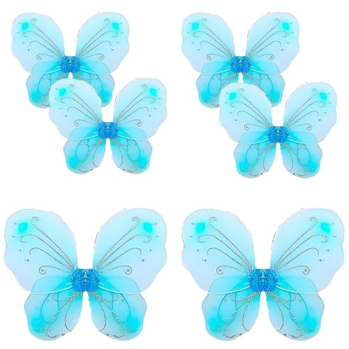 YEOVIBL 6 Stück Feenflügel Schmetterlingsflügel für Mädchen, Glitzer-Prinzessinnenflügel für Kinder, Kostümzubehör für Weihnachten, Geburtstag, Halloween, Cosplay und Party-Kostüme (blau) von YEOVIBL