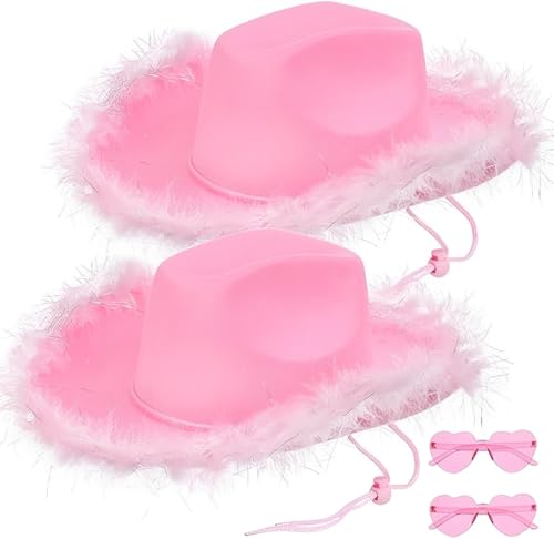 YEOVIBL Cowgirl-Hut und Brille, pinkes flauschiges Cowboyhut-Set, glitzernde Cowgirl-Hüte mit Federkrempe, verstellbarer Hals-Kordelzug, perfekt für Halloween, Verkleidungspartys und YEOVIBL Cowgirl-Hut und Brille, pinkes flauschiges Cowboyhut-Set, glitzernde Cowgirl-Hüte mit Federkrempe, verstellbarer Hals-Kordelzug, perfekt für Halloween, Verkleidungspartys und von YEOVIBL