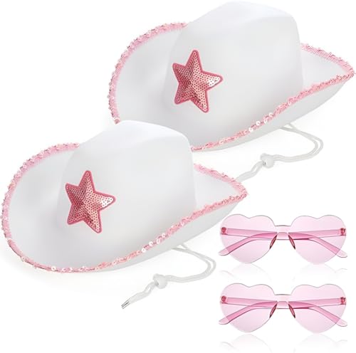YEOVIBL Weiße Cowgirl-Hüte mit herzförmiger Sonnenbrille, rosa Paillettenstern, Cowboyhut, verstellbarer Hals-Kordelzug für Frauen, perfekt für Halloween, Verkleidungspartys und Western-Themen-Events, YEOVIBL Weiße Cowgirl-Hüte mit herzförmiger Sonnenbrille, rosa Paillettenstern, Cowboyhut, verstellbarer Hals-Kordelzug für Frauen, perfekt für Halloween, Verkleidungspartys und Western-Themen-Events, von YEOVIBL