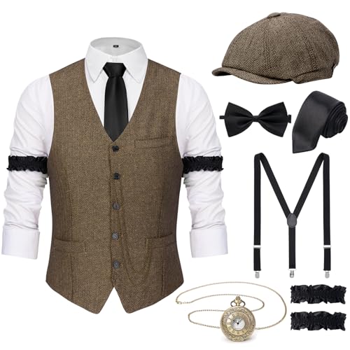 YESSA 1920er Herrenkostüm Gatsby Gangster Kostüm Zubehör Set - 1920er Hut Weste Taschenuhr Krawatte - Roaring 20er Kostüme für Herren YESSA 1920er Herrenkostüm Gatsby Gangster Kostüm Zubehör Set - 1920er Hut Weste Taschenuhr Krawatte - Roaring 20er Kostüme für Herren von YESSA