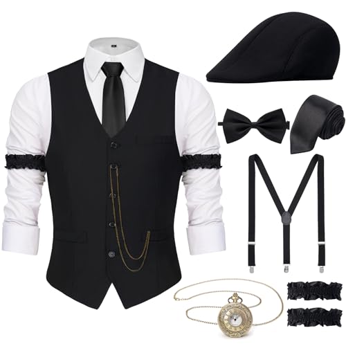 YESSA 1920er Herrenkostüm Gatsby Gangster Kostüm Zubehör Set - 1920er Hut Weste Taschenuhr Krawatte - Roaring 20er Kostüme für Herren YESSA 1920er Herrenkostüm Gatsby Gangster Kostüm Zubehör Set - 1920er Hut Weste Taschenuhr Krawatte - Roaring 20er Kostüme für Herren von YESSA