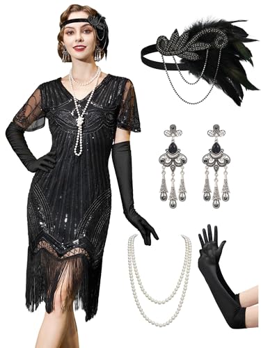 YESSA 1920er Jahre Flapper-Kleid für Damen, durchsichtige Perlenärmel, Great Gatsby-Kleid, brüllende 20er-Jahre-Kleid, Kostüme mit Zubehör, Schwarz, L YESSA 1920er Jahre Flapper-Kleid für Damen, durchsichtige Perlenärmel, Great Gatsby-Kleid, brüllende 20er-Jahre-Kleid, Kostüme mit Zubehör, Schwarz, L von YESSA