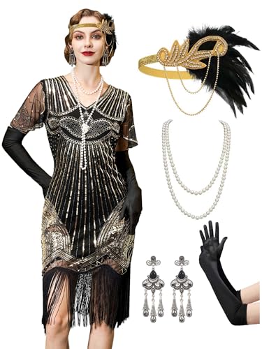 YESSA 1920er Jahre Flapper-Kleid für Damen, durchsichtige Perlenärmel, Great Gatsby-Kleid, brüllende 20er-Jahre-Kleid, Kostüme mit Zubehör, Schwarz Gold, L YESSA 1920er Jahre Flapper-Kleid für Damen, durchsichtige Perlenärmel, Great Gatsby-Kleid, brüllende 20er-Jahre-Kleid, Kostüme mit Zubehör, Schwarz Gold, L von YESSA