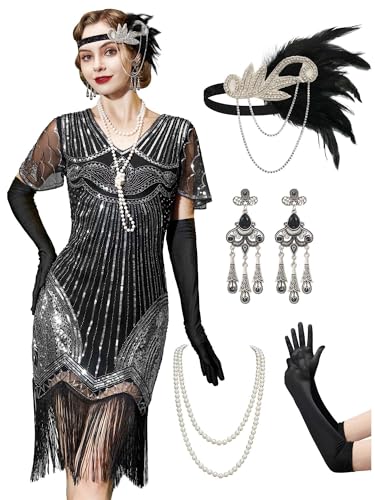 YESSA 1920er Jahre Flapper-Kleid für Damen, durchsichtige Perlenärmel, Great Gatsby-Kleid, brüllende 20er-Jahre-Kleid, Kostüme mit Zubehör, schwarz/silberfarben, L YESSA 1920er Jahre Flapper-Kleid für Damen, durchsichtige Perlenärmel, Great Gatsby-Kleid, brüllende 20er-Jahre-Kleid, Kostüme mit Zubehör, schwarz/silberfarben, L von YESSA