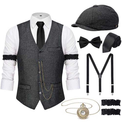 YESSA 1920er Jahre Herren-Kostüm, Gatsby, Gangster-Kostüm, Zubehör-Set, 1920er-Jahre-Hut, Weste, Taschenuhr, Krawatte, brüllende 20er-Jahre-Kostüme für Herren, grau dunkel, M YESSA 1920er Jahre Herren-Kostüm, Gatsby, Gangster-Kostüm, Zubehör-Set, 1920er-Jahre-Hut, Weste, Taschenuhr, Krawatte, brüllende 20er-Jahre-Kostüme für Herren, grau dunkel, M von YESSA