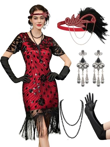 YESSA 20er Jahre Kostüm Damen, Gatsby Kleid Damen mit 20er Jahre Kleid Accessoires, Charleston Flapper outfit,schwarzes rot,Mittel YESSA 20er Jahre Kostüm Damen, Gatsby Kleid Damen mit 20er Jahre Kleid Accessoires, Charleston Flapper outfit,schwarzes rot,Mittel von YESSA