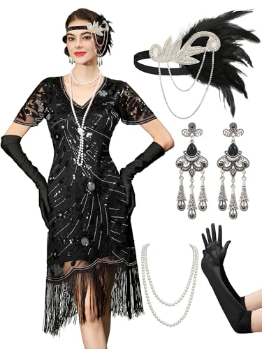 YESSA 20er Jahre Kostüm Damen, Gatsby Kleid Damen mit 20er Jahre Kleid Accessoires,Charleston Flapper outfit,schwarz,Mittel YESSA 20er Jahre Kostüm Damen, Gatsby Kleid Damen mit 20er Jahre Kleid Accessoires,Charleston Flapper outfit,schwarz,Mittel von YESSA