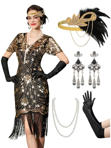 YESSA 20er Jahre Kostüm Damen, Gatsby Kleid Damen mit 20er Jahre Kleid Accessoires,Charleston Flapper outfit,schwarzes gold,groß YESSA 20er Jahre Kostüm Damen, Gatsby Kleid Damen mit 20er Jahre Kleid Accessoires,Charleston Flapper outfit,schwarzes gold,groß von YESSA