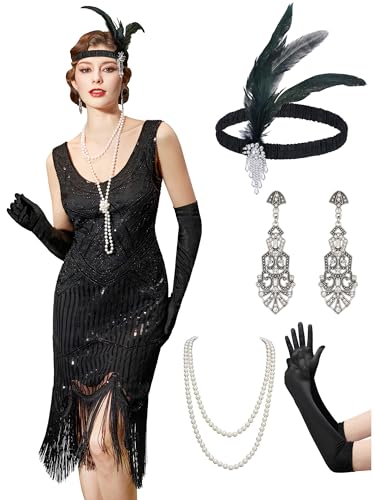 YESSA 20er Jahre Kostüm Damen,Gatsby Kleid Damen,1920er Kleider Mit 20er Jahre Kleid Accessoires Charleston Flapper Outfit von YESSA