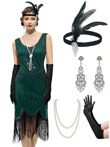 YESSA 20er Jahre Kostüm Damen,Gatsby Kleid Damen,1920er Kleider Mit 20er Jahre Kleid Accessoires Charleston Flapper Outfit von YESSA