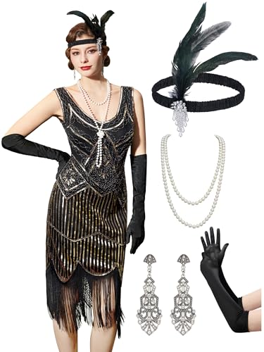YESSA 20er Jahre Kostüm Damen Gatsby Kleid Damen,1920er Kleider Mit Accessoires Charleston Kleid 20er Jahre von YESSA