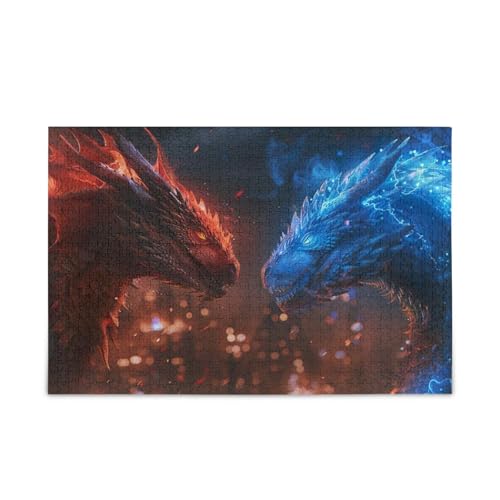YETTASBIN Roter blauer Drache 500 Teile Holzpuzzle für Erwachsene Teenager Kinder, lustiges Familienspiel für Urlaub, Spielzeug, Geschenk, Heimdekoration von YETTASBIN