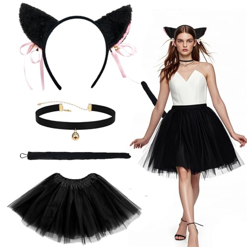 4 teiliges Set Katzenkostüm, Katzenkostüm Kinder Mädchen Katze Cosplay Set Mit Katzenohren-Stirnband, Glockenhalsband, Schwarzes Kleid Und Katzenschwanz Für Karneval Fasching Motto Cosplay Party 4 teiliges Set Katzenkostüm, Katzenkostüm Kinder Mädchen Katze Cosplay Set Mit Katzenohren-Stirnband, Glockenhalsband, Schwarzes Kleid Und Katzenschwanz Für Karneval Fasching Motto Cosplay Party von YEWCEP