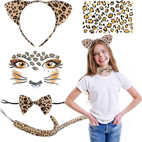 YEWCEP Leopard Kostüm Damen & Kinder, 5-teilig: Leopardenmuster Stirnbänder, Schwänze, Fliege, Tattoo Aufkleber Sets für Karneval, Fasching, Party Animals YEWCEP Leopard Kostüm Damen & Kinder, 5-teilig: Leopardenmuster Stirnbänder, Schwänze, Fliege, Tattoo Aufkleber Sets für Karneval, Fasching, Party Animals von YEWCEP