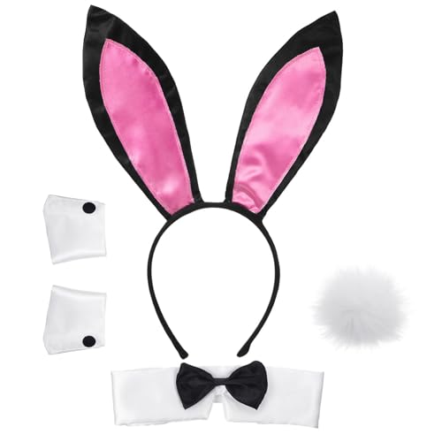 5 Stücke Hasenohren Kostüm, Rosa Häschen Kostüm Zubehör Hasenohren Fliege Weiße Handschuhe Hasenschwanz Uhr Häschenkostüm Kinder Erwachsene Bunny Girl Cosplay für Ostern Welttag des Buches Hallowe von YEWCEP