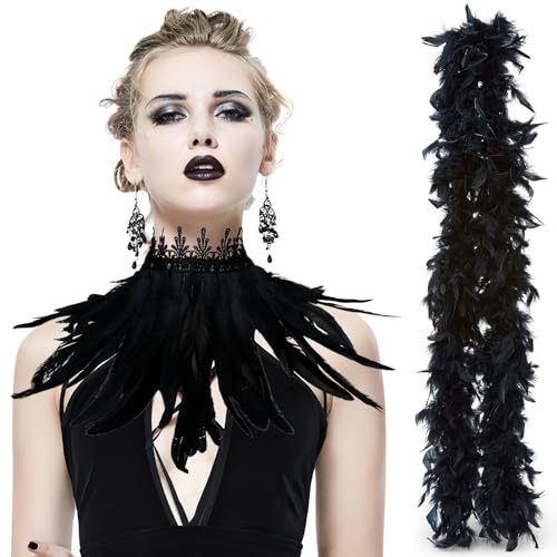 Featherboa Schwarz, Frauen Hals Federn Schwarz, Maleficent Kostüm Damen,Retro Feder Manschette Spitze Flügelhals, Gotische Mesh Hals Karneval Kostüm Rollenspiel Party Zubehör Featherboa Schwarz, Frauen Hals Federn Schwarz, Maleficent Kostüm Damen,Retro Feder Manschette Spitze Flügelhals, Gotische Mesh Hals Karneval Kostüm Rollenspiel Party Zubehör von YEWCEP
