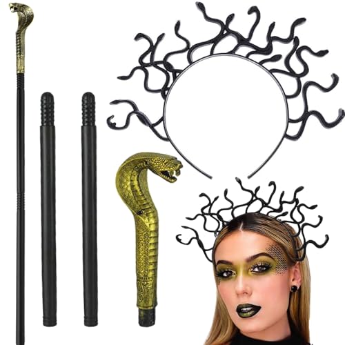 YEWCEP 2-Teiliges Set Medusa Kostüm,Mzepter,Medusa, Serpentine Stirnbänder, Plastik Serpentine Haarreifen, Medusa Form für Party, Cosplay, Halloween Medusa Kopfschmuck, Unisex (Schwarz＋Golden) von YEWCEP