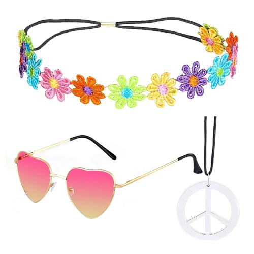 YEWCEP 3 Pcs Hippie Accessoires, Schlager Outfit Damen, Hippie Accessoires, Hippie Haarband, Vintage Hippie Brille Im Stil 60er 70er Jahre, Boho Stirnband Blume Stirnband Friedenszeichen Halskette YEWCEP 3 Pcs Hippie Accessoires, Schlager Outfit Damen, Hippie Accessoires, Hippie Haarband, Vintage Hippie Brille Im Stil 60er 70er Jahre, Boho Stirnband Blume Stirnband Friedenszeichen Halskette von YEWCEP