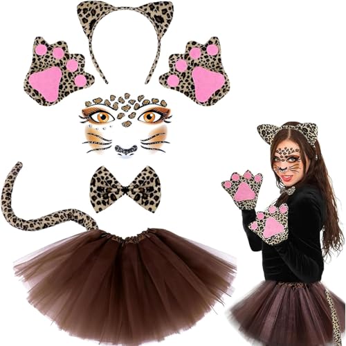 YEWCEP 5 Stück Leoparden Kostüm Damen,Leoparden Ohren,Leoparden Rock,Tier Verkleiden Set, Leopard Haarreif Fliege Schwanz Pfoten Handschuhe Rock Set Kostüm Dschungel für Dschungel Party Maskerade YEWCEP 5 Stück Leoparden Kostüm Damen,Leoparden Ohren,Leoparden Rock,Tier Verkleiden Set, Leopard Haarreif Fliege Schwanz Pfoten Handschuhe Rock Set Kostüm Dschungel für Dschungel Party Maskerade von YEWCEP