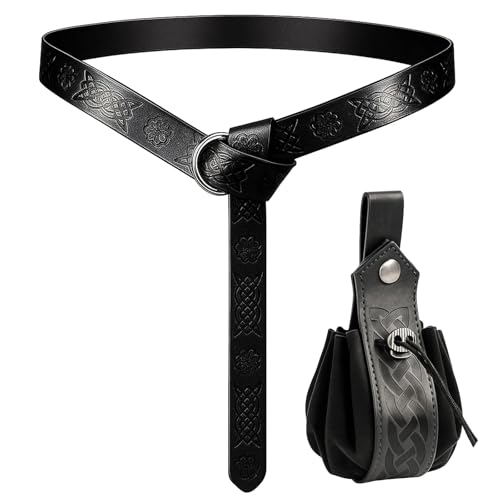 YEWCEP Mittelalter Gürtel Set, 2-teiliger schwarzer Gürtel mit Gürteltasche für Damen und Herren, verstellbar für Mittelalterfeste, Rollenspiele und Halloween-Partys, 1,65 Meter lang, aus PU-Material YEWCEP Mittelalter Gürtel Set, 2-teiliger schwarzer Gürtel mit Gürteltasche für Damen und Herren, verstellbar für Mittelalterfeste, Rollenspiele und Halloween-Partys, 1,65 Meter lang, aus PU-Material von YEWCEP