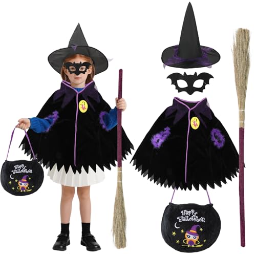 Halloween Umhang Kinder Hexenkostüm Mädchen Hexenkostüm Umhang mit Hexenhut Hexenbesen Eulentasche Fledermausmaske Halloween Umhang Kinder für Fasching Karneval Cosplay Party 3-10 Jahre 100-140cm von YEXEXINM